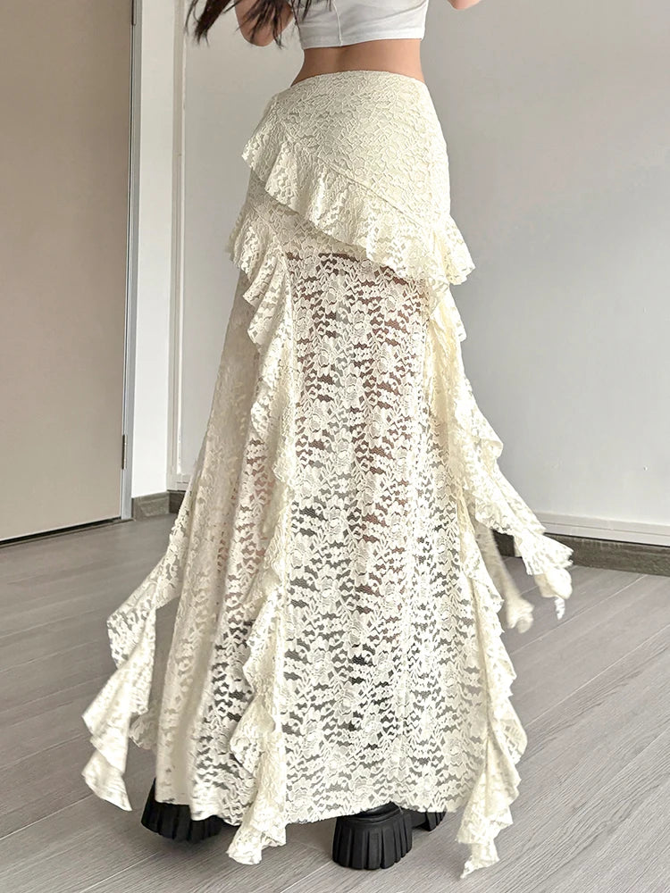 Nibber Tassels Women Skirts Irregular Hem Multi-Layered Ruffles Lace Patchwork Sweet Summer Trend Daily Skinny Versatile Bottoms - Smarsty
