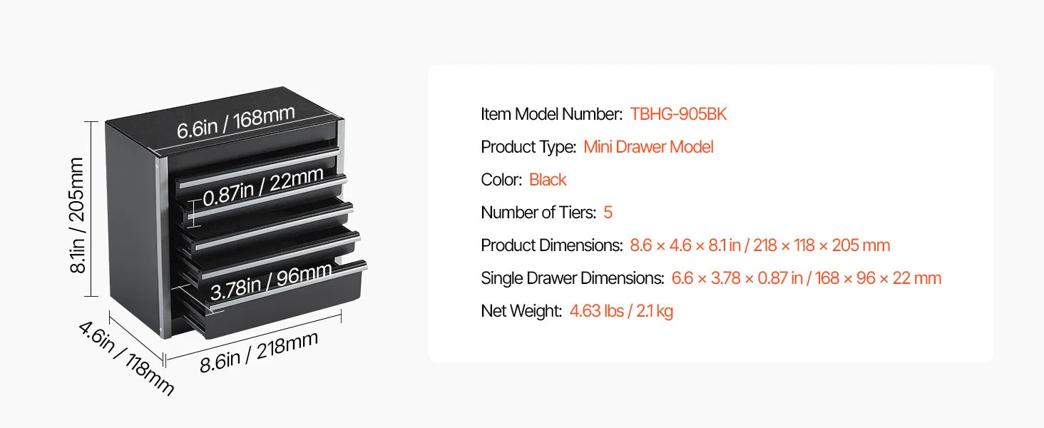 SucceBuy 5-Drawer 8.6in Metal Tool Box Red/Black Portable Small Tool Chest with PP Feet Pads for Garage Workshop Tools Storage