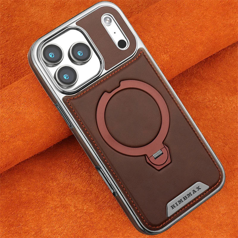 Magnetic Rotat Bracket Luxury Leather Phone Case For iPhone 11 12 13 14 15 16 17 Pro Max Plus Wireless Charging Shockproof Cover