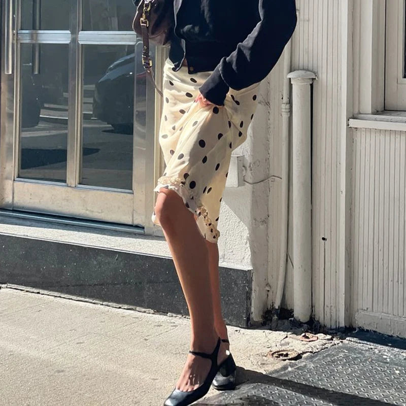 BIIKPIIK Casual Women Polka Dot Skirts Lettuce Trim Beige Elegant Midi Skirts Streetwear Simple All-match Bottom Clothing Spring - Smarsty