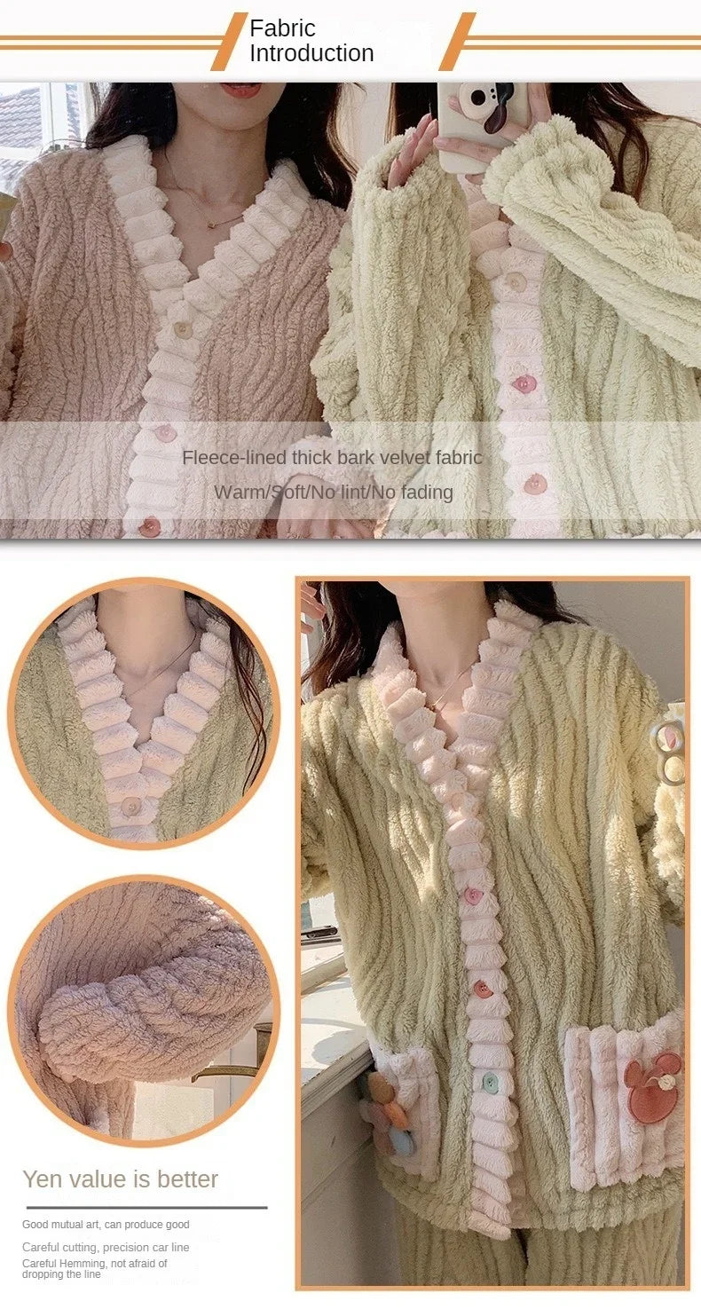 Thickened Warm Flannel Women Sleepwear Loungewear Cardigan Suit Winter Sweet Kawaii Soft Fairy Wind Ladies Pajamas Homewear - Smarsty