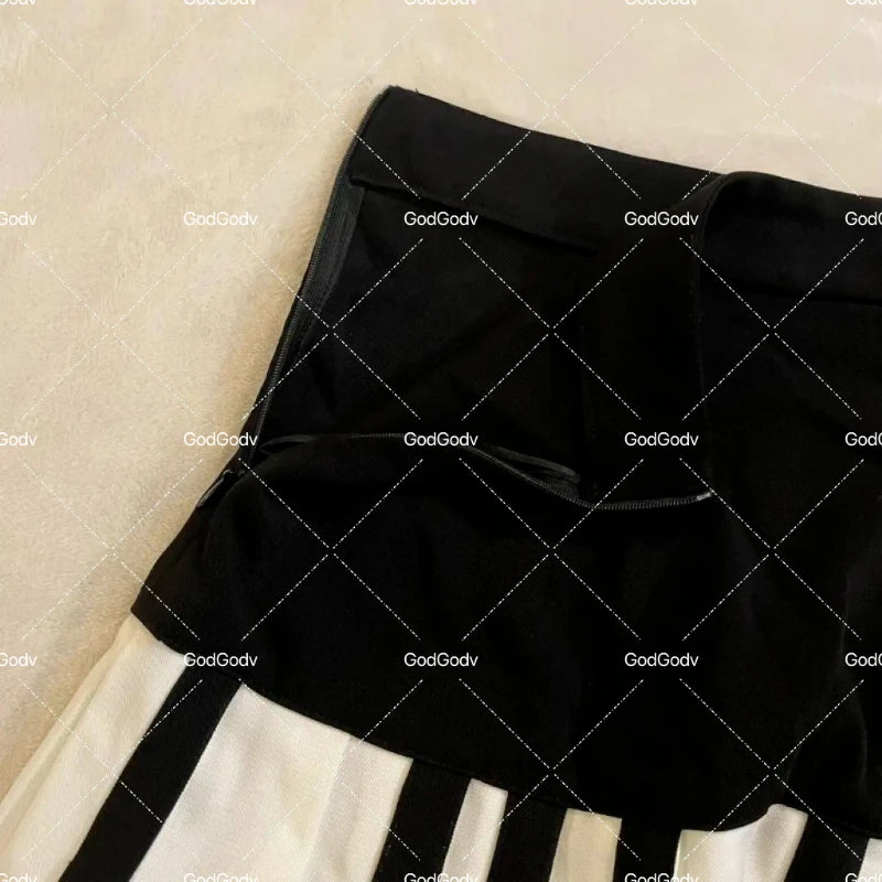 Spring Black White Spliced Women Short Skirt 2025 Y2k Slim Design Harajuku Mini Skirt Female Empire Korea Style Chic Piano Skirt - Smarsty
