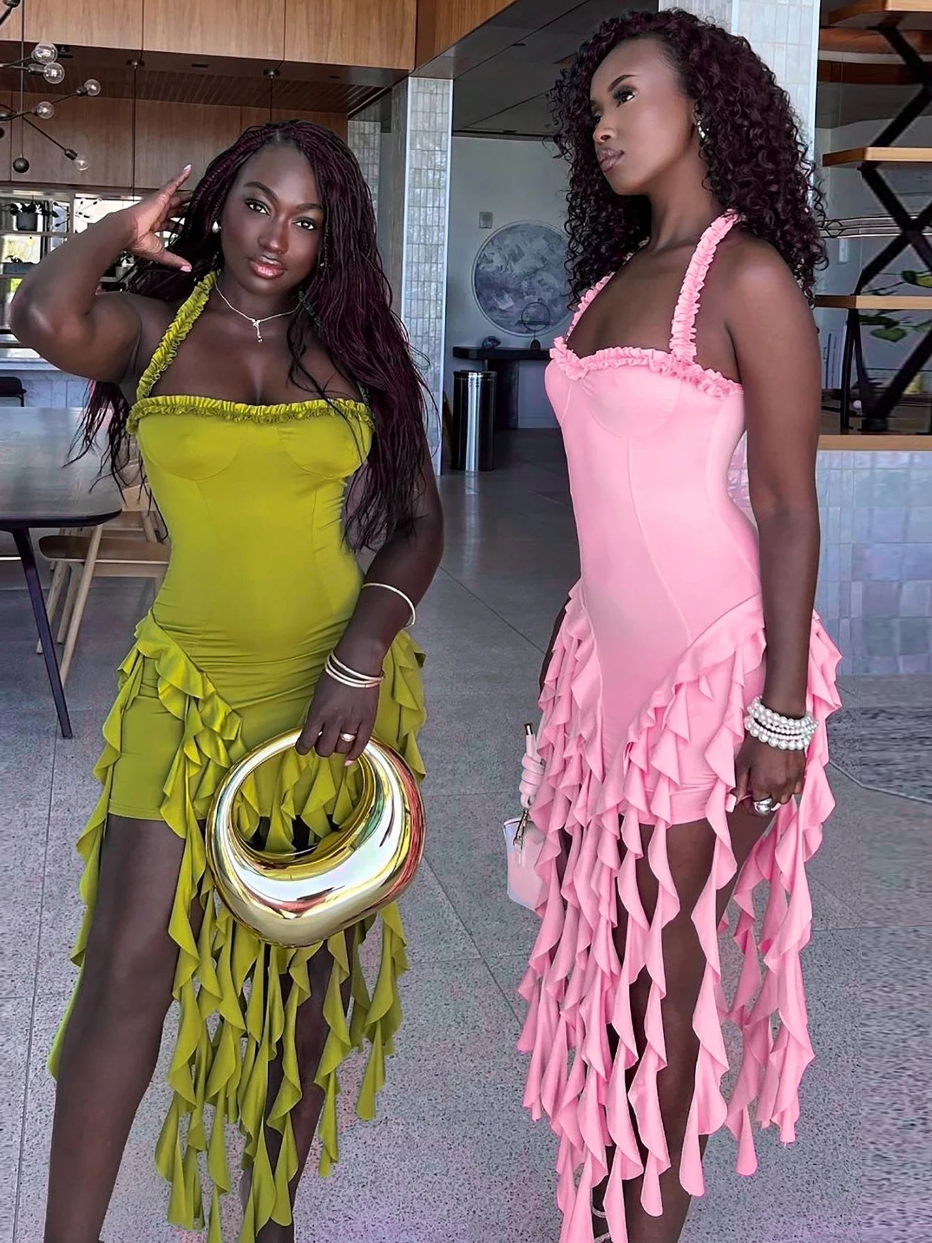Dulzura Sleeveless Halter Ruffles Patchwork Mini Dress Women’S Solid Sexy Outfit Prom Party Clubwear Autumn Winter Clothes - Smarsty