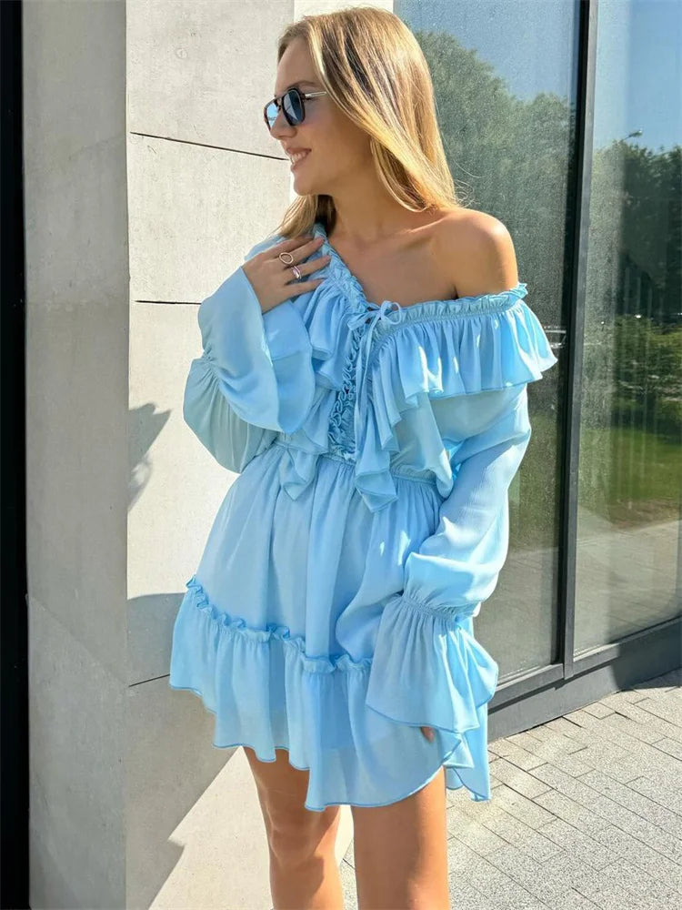Tossy Ruffled V-Neck White Mini Dress Female Patchwork Long Sleeve Elegant Bandage Fashion Dress High Waist Lace-Up Women Dress - Smarsty