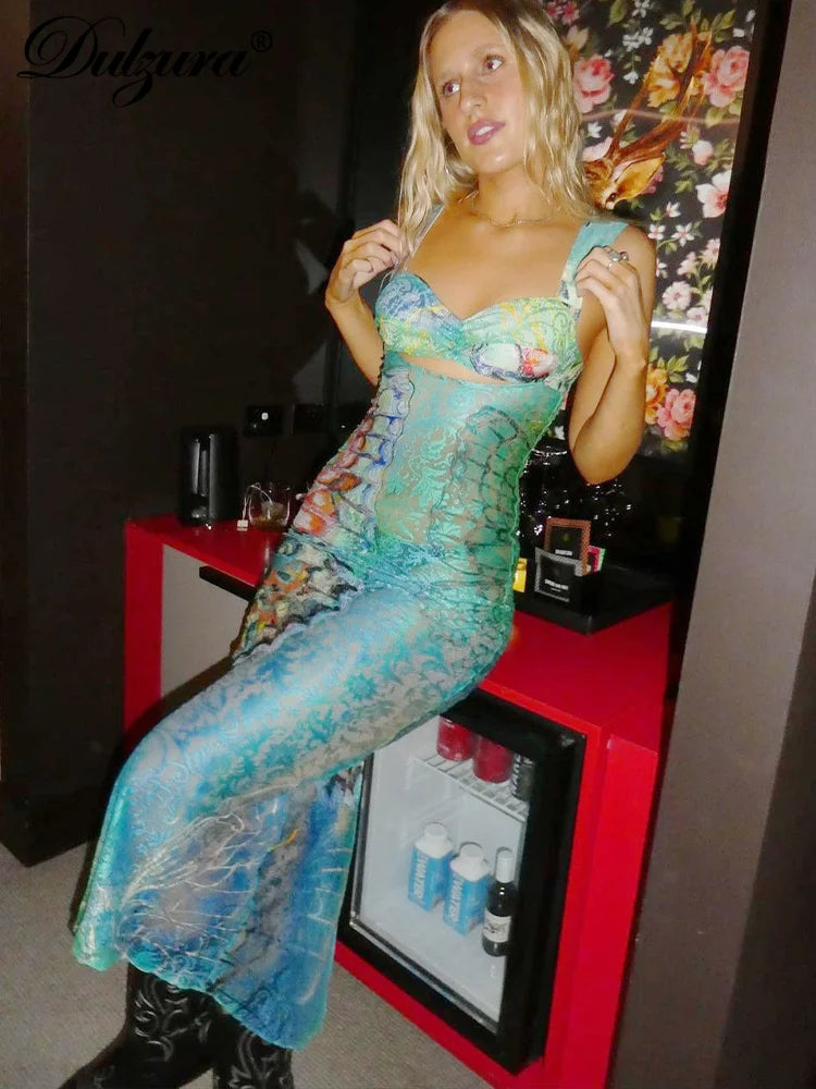 Dulzura Lace Print Cut Out Maxi Dress Bodycon Sexy Party Club Y2K Outfits Streetwear Bandage Dress Vestido Classic Prom - Smarsty
