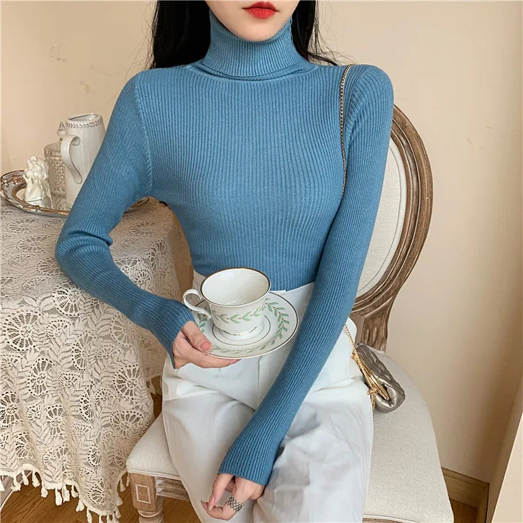 2025 Autumn Winter Women Long Sleeve Knitted Foldover Turtleneck Ribbed Pull Sweater Soft Warm Femme Jumper Pullover Clothes - Smarsty