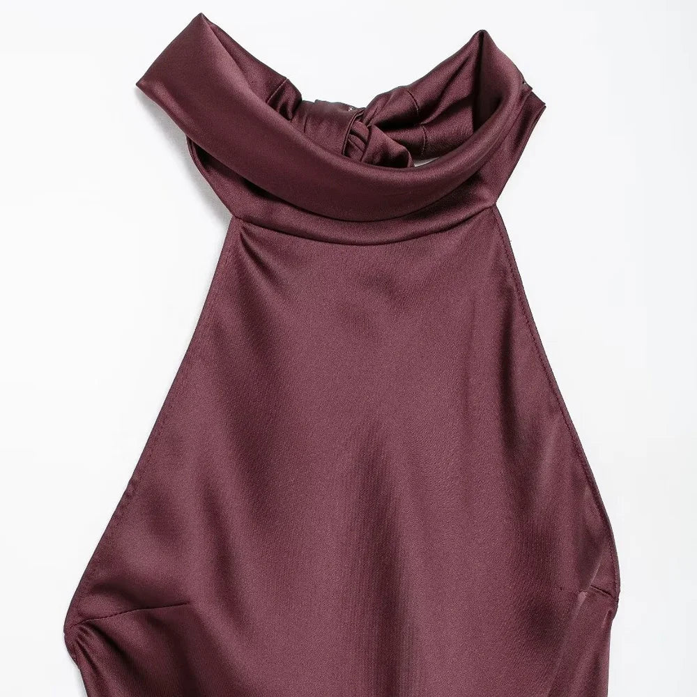 TRZA-Women's Long Satin Halter Dress, Backless, Bow Tied, Back Zipper, Female Dresses, Sexy Fashion - Smarsty