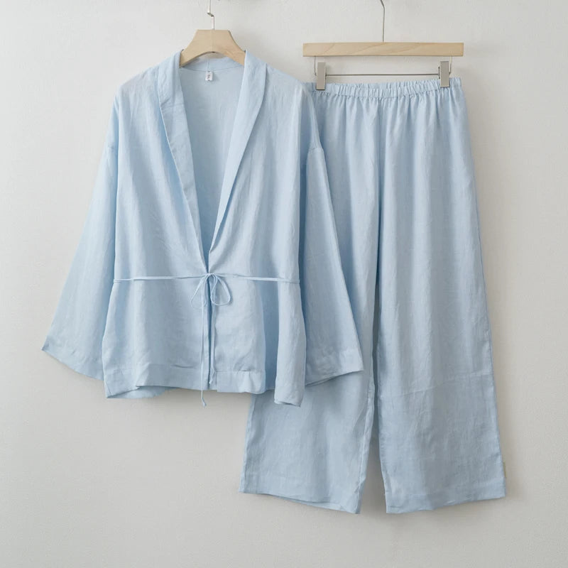 2025 Summer Women Linen Kimono Blouse Pants sets - Smarsty