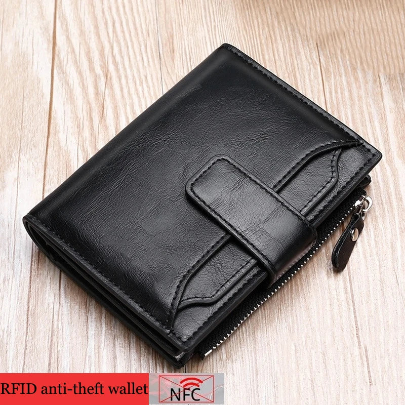 Men's Coin Purse Wallet RFID Anti-theft Man Leather Wallet Zipper Business Card Holder Money Bag Wallet Male - Smarsty