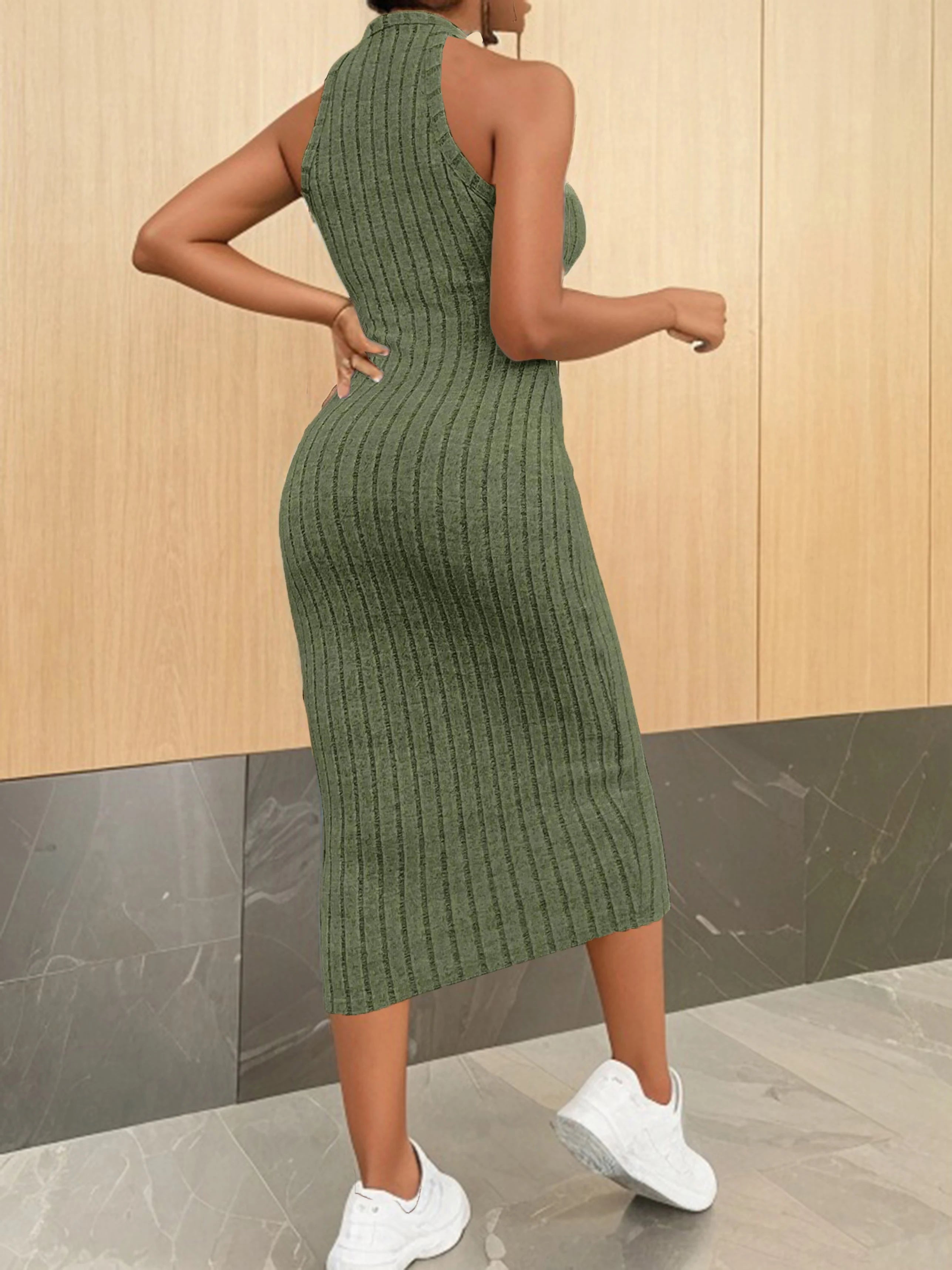 Solid Halter Neck Bodycon Midi Dress High-end temperament vest halter dress women's summer new high-waist slim temperament slim - Smarsty