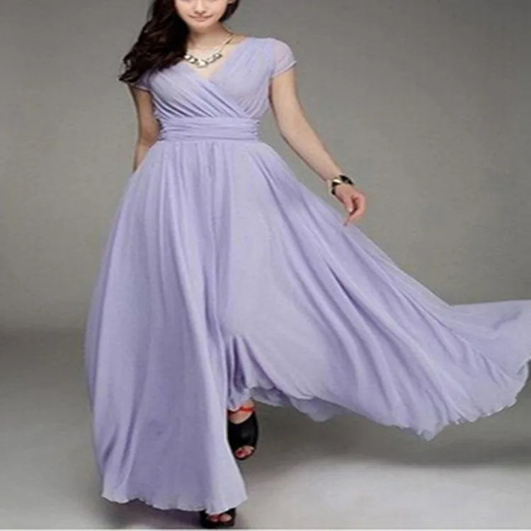 Women's Short-Sleeved Chiffon Evening Dress, Female Party Dress, Monochromatic, Bohemian, Long, Elegant, New, 2022 - Smarsty