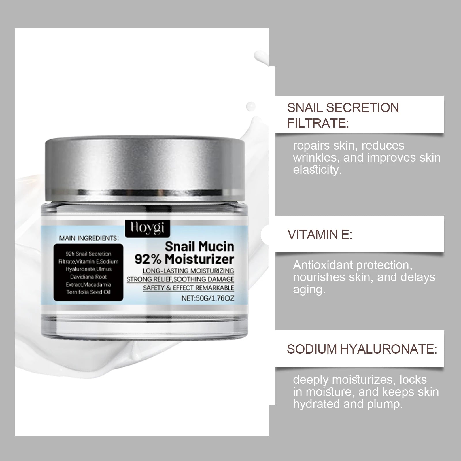 Snail Mucin 92% Moisturizer Daily Face Gel Cream Fade Fine Lines Tightne Skin Improves Dark Skin Rejuvenation Nourishing Cream