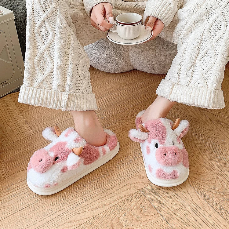 Casual Fluffy Slippers Women House Cute Cartoon Cow Designer Shoes Girl Flat Fashion Elegant Plush Winter Platform Footwear Home - Smarsty