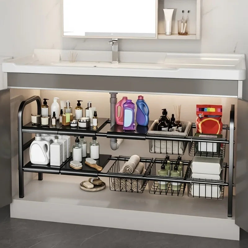 1 Set Multi-Use Kitchen Under Bathroom Sink Organizers - Expandable Cabinet Shelf Organizer Storage Rack by Smarsty