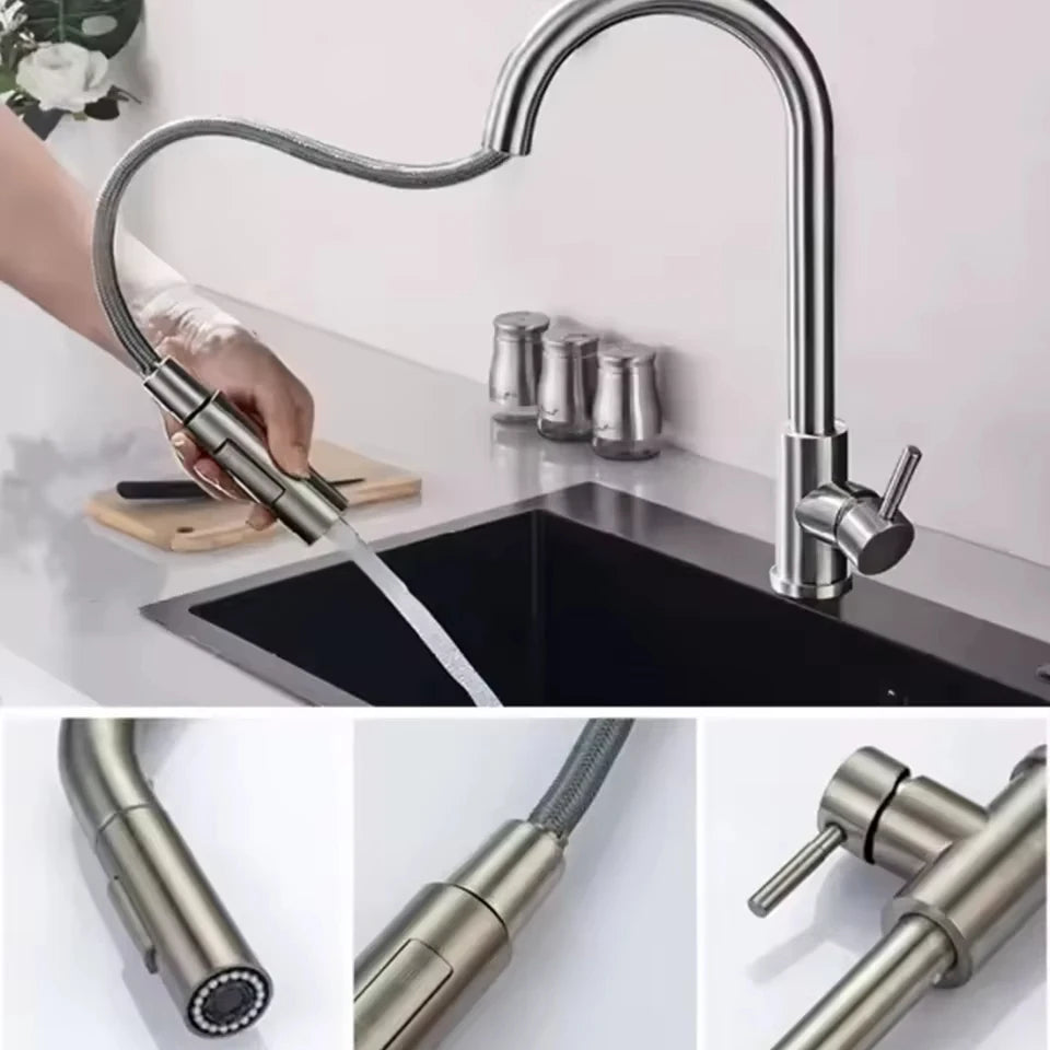 Stainless Steel Pull-Out Kitchen Faucet with Hot and Cold Water - Smarsty