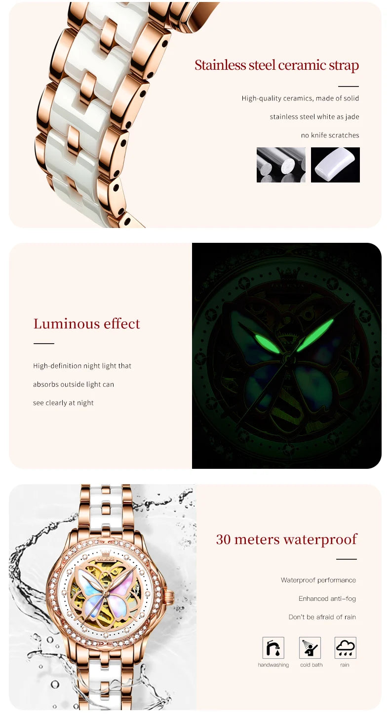 OLEVS 6615 Womens Watch Original Bezel Ceramic Mechanical Automatic Wristwatch Waterproof Luminous Ladies Watch Butterfly Dial - Smarsty