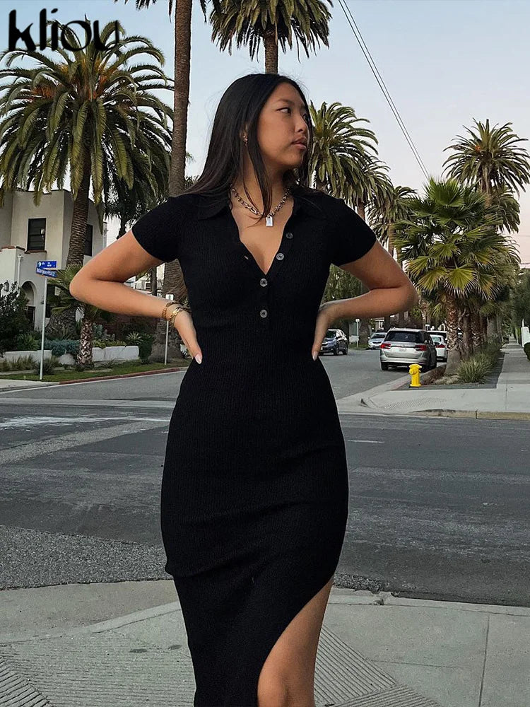 Kliou Elegant Office Lady Maxi Dress Women Solid Fashion Turn-down Collar Short Sleeve Button Side Slit Body-Shaping Street Robe - Smarsty