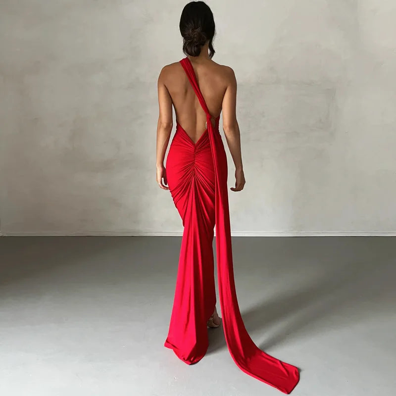 Hugcitar One Shoulder Backless Adjustable Scarf Loop Ruched Sexy Maxi Dress Women Elegant Y2K Streetwear Festival Outfit - Smarsty