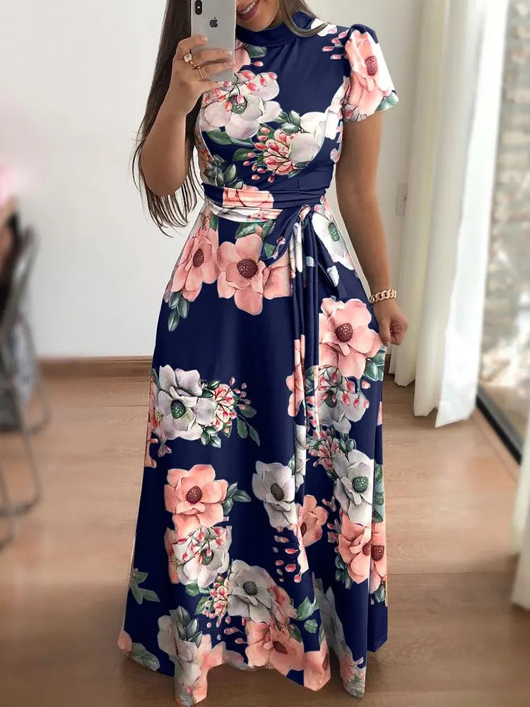 Women's Slim Dresses Casual Long Sleeve Round Neck Flower Printed Dress Strap Floor-Length Long Skirt Women's Clothing - Smarsty