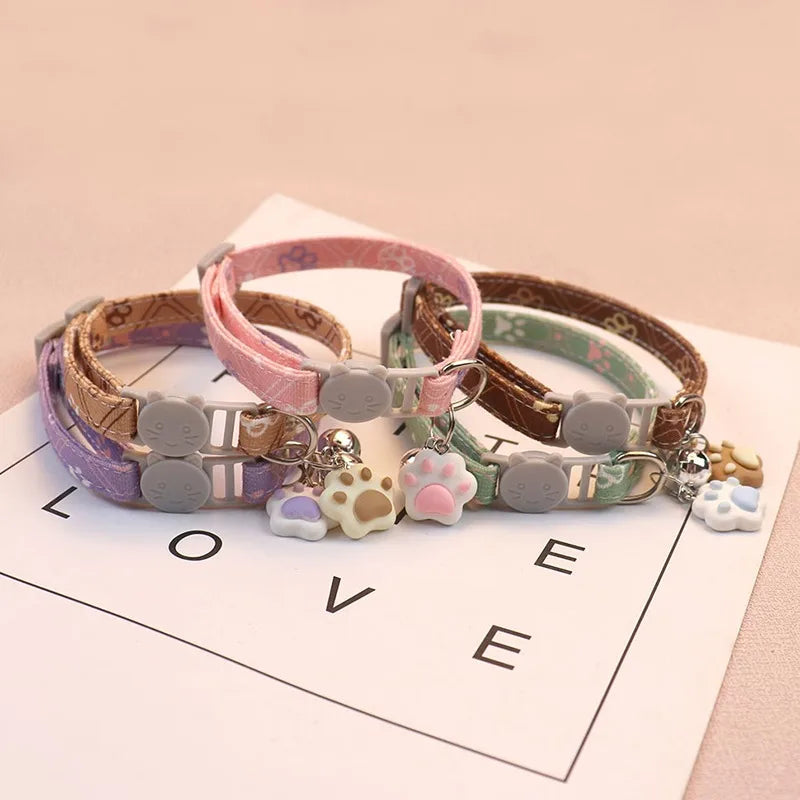 Pet Collar With Bell Cartoon Footprint Colorful Dog Puppy Kitten Collar Adjustable Safety Bell Ring Necklace Pet Accessories