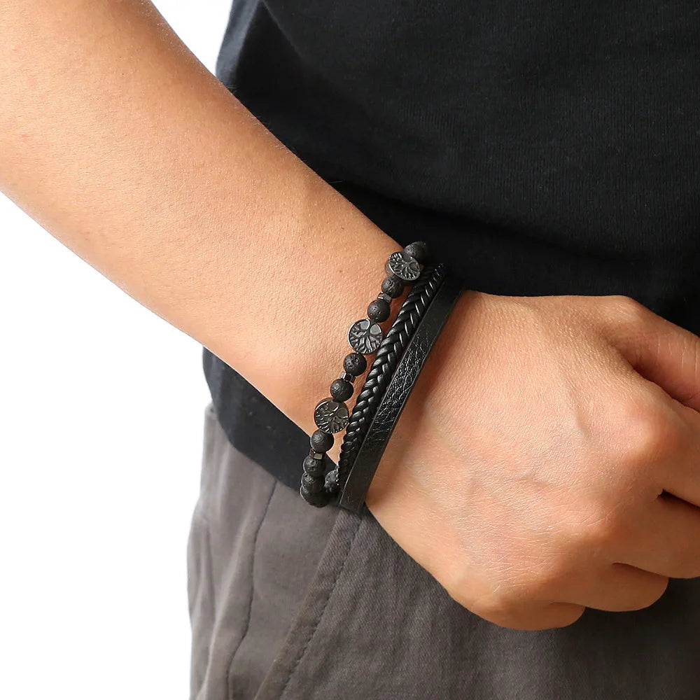 Men Leather Bracelet with Tiger Eye Beads Stylish Gift - Smarsty