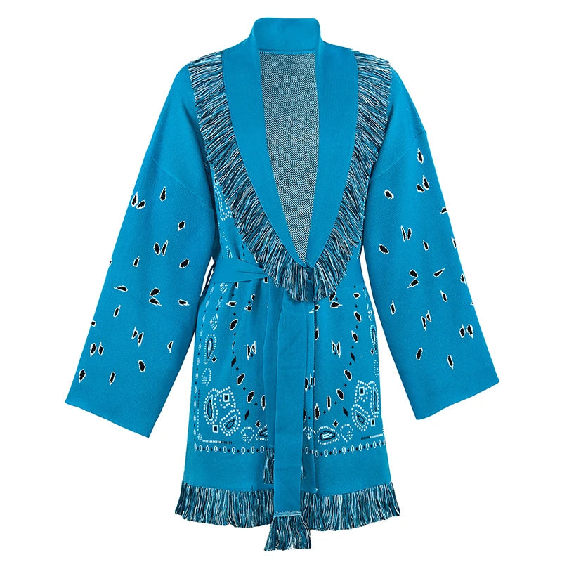 Tassel Patchwork Printed Cardigan Women Geometric Patterns Belts V-neck Long Sleeve Knitted Street Lady Sweater 2025 Autumn Coat - Smarsty