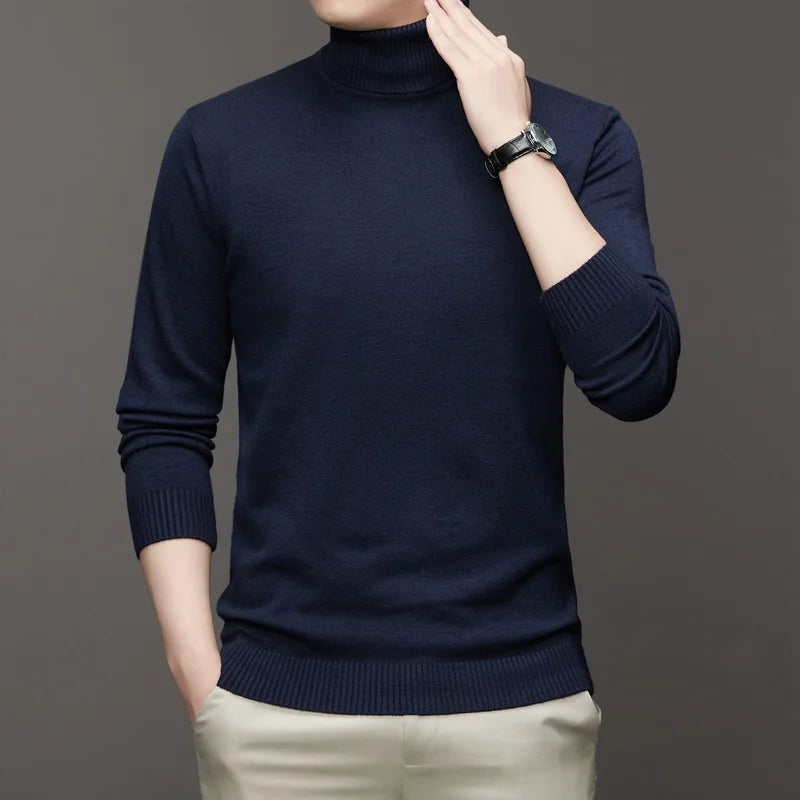 Autumn Mens High Quality Knitted Turtleneck Sweater Slim Fit Long Sleeve Anti-pilling Pullover Solid Color Trend Men Streetwea - Smarsty