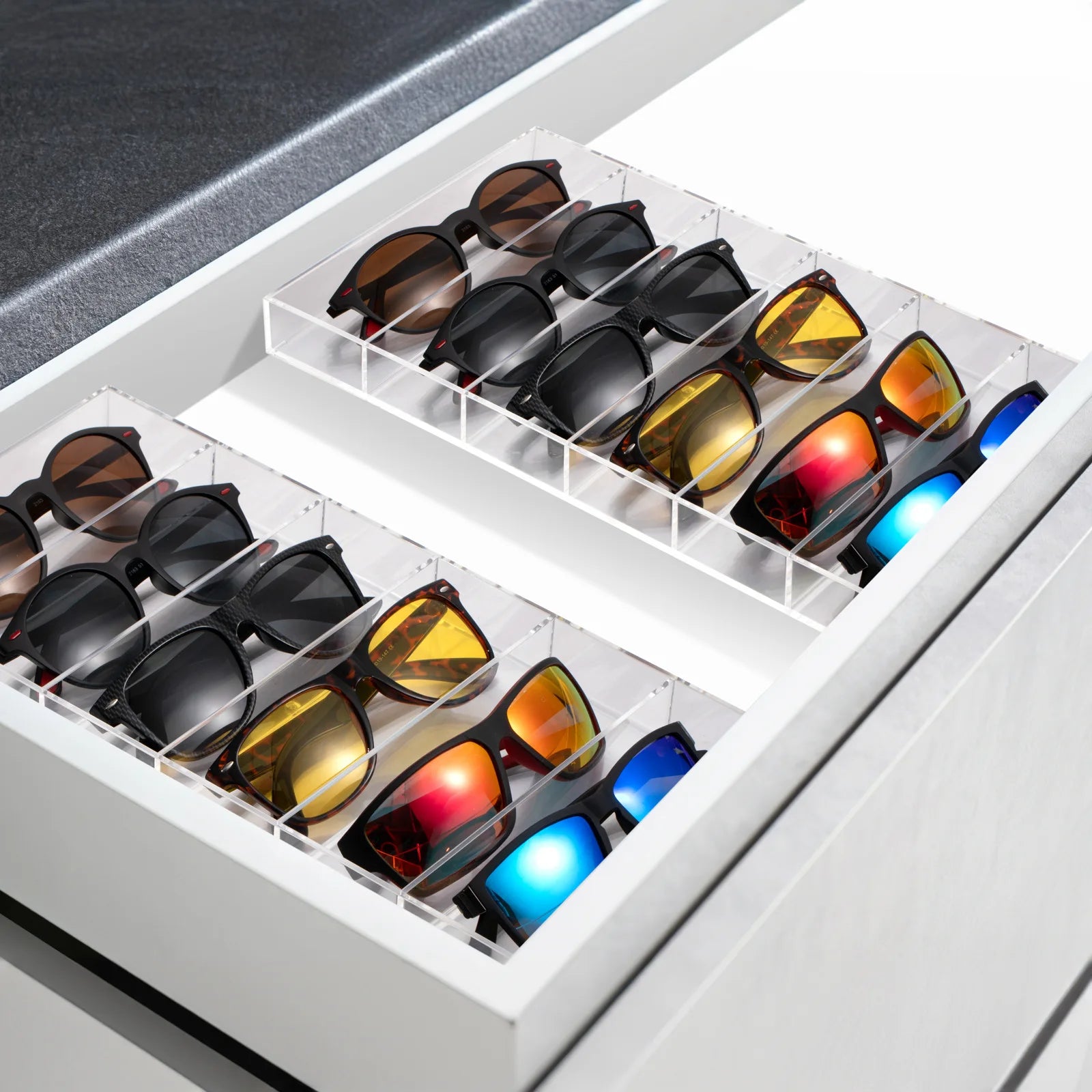 2 Pack Acrylic Sunglass Organizer, 6 Slot Eye Glasses Storage Holder Display Racks Stackable Eyewear Drawer Organizer Tray