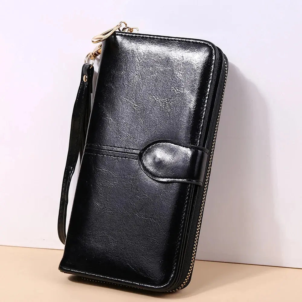 Women's Vintage Oil Wax PU Leather Clutch Wallet Female Large Capacity Phone Purse Ladies Wristband Simple Card Holder Pouch Bag - Smarsty