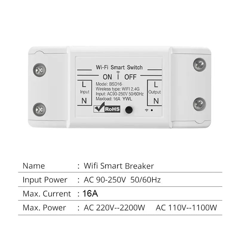 16A WiFi Smart Switch for Voice Control Home Automation - Smarsty