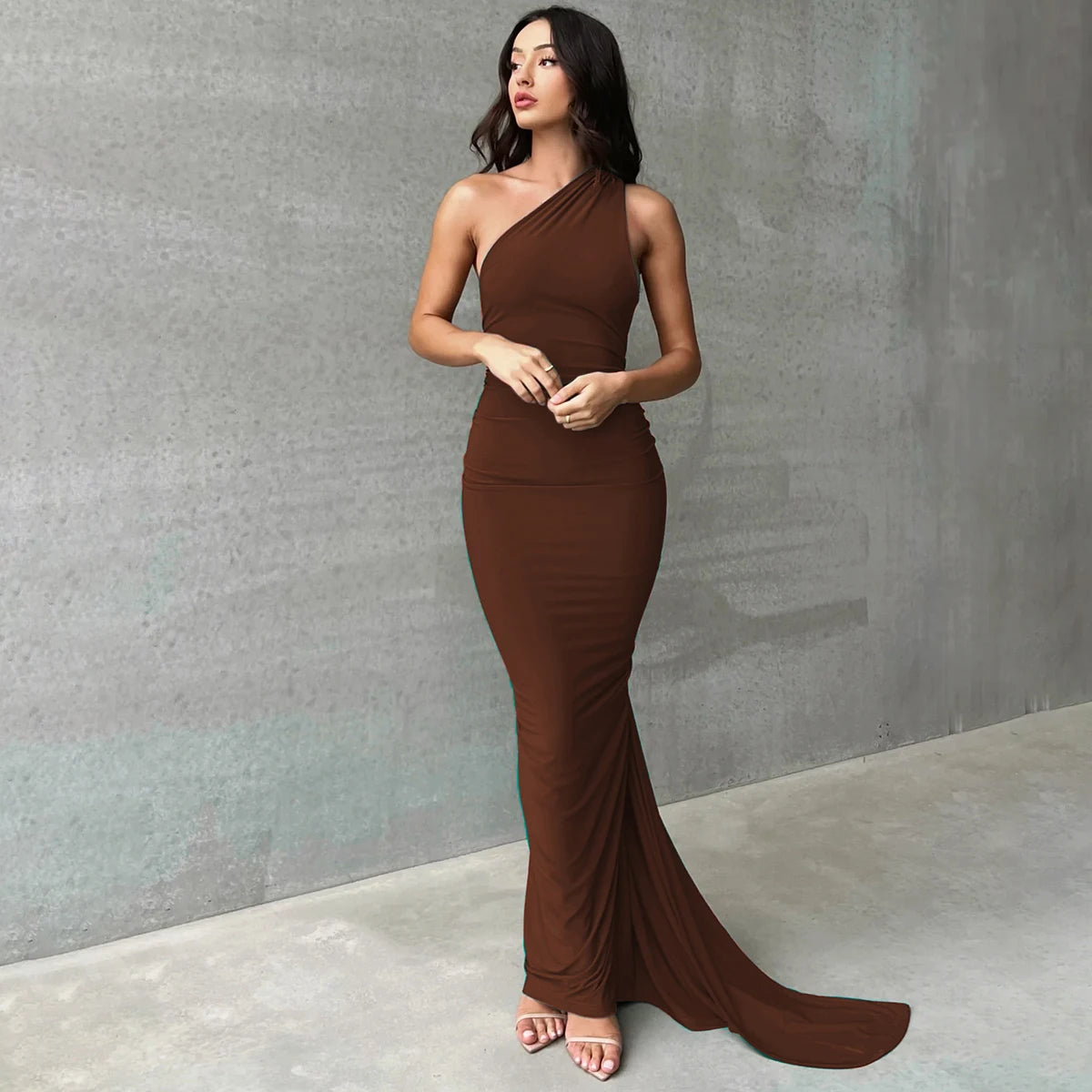 Hugcitar One Shoulder Backless Adjustable Scarf Loop Ruched Sexy Maxi Dress Women Elegant Y2K Streetwear Festival Outfit - Smarsty