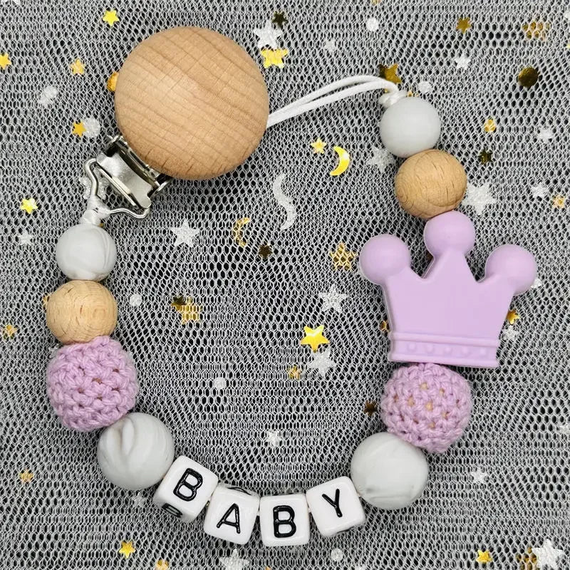 NEW Custom Personalized Name Pacifier Clip Handmade Beech Wooden Chain Silicone Crown Holder Soother Baby Teething Toy Chew Gift by Smarsty
