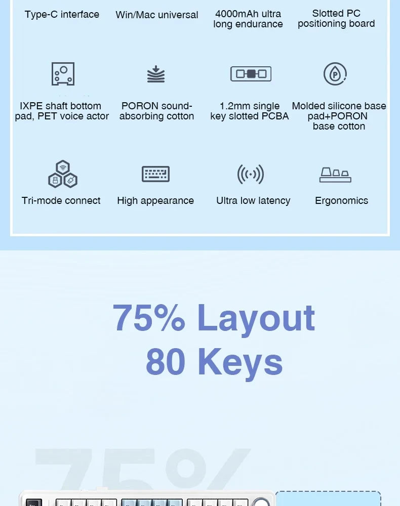 Gaming Mechanical Keyboard 75 Percent RGB Gasket Structure