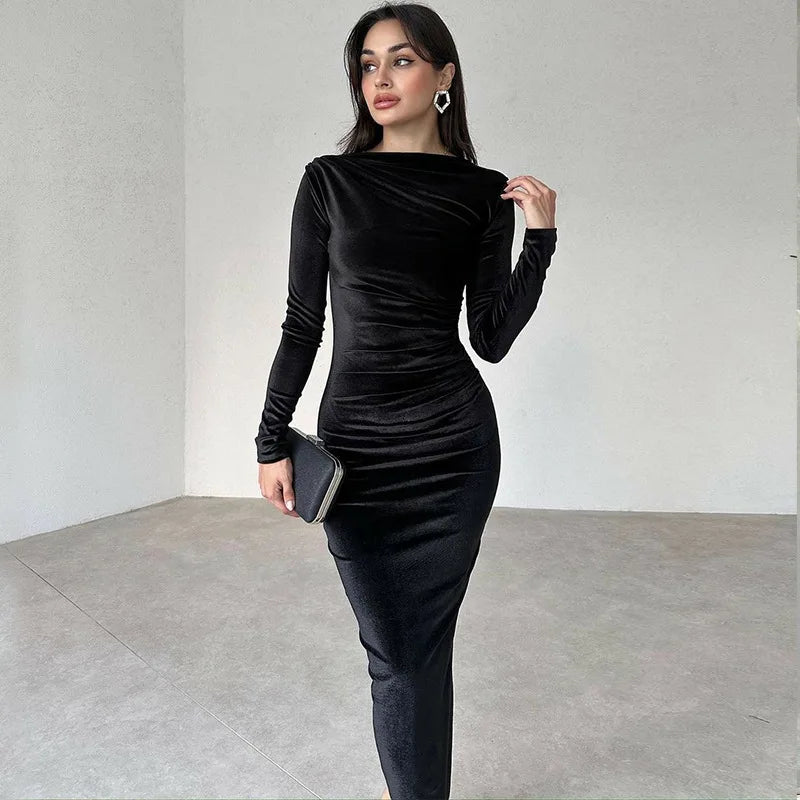 Dulzura 2024 Spring Summer Velvet Long Sleeve Midi Dress For Women Ruched Long Dress Elegant Party Clothes Evening Green Outfits - Smarsty