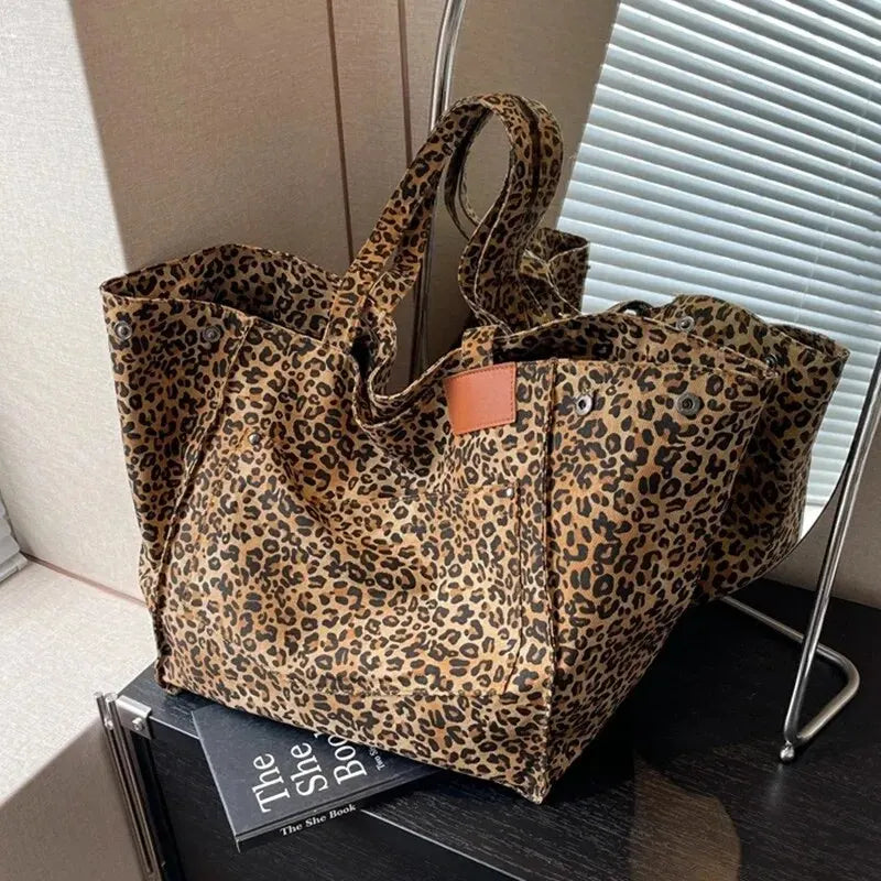 Leopard Pattern Tote Bag Vintage Canvas With Large Capacity - Smarsty