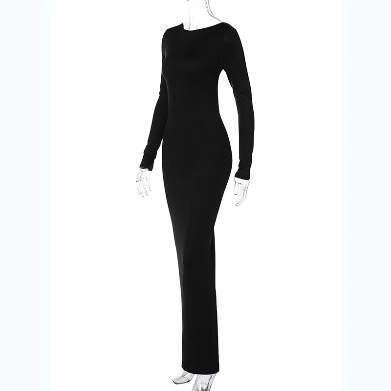 Hugcitar Spring Elegant Long Sleeve Backless Solid Cuched Sexy Bodycon Maxi Prom Dress Women Outfit Evening Party Festival Y2K - Smarsty
