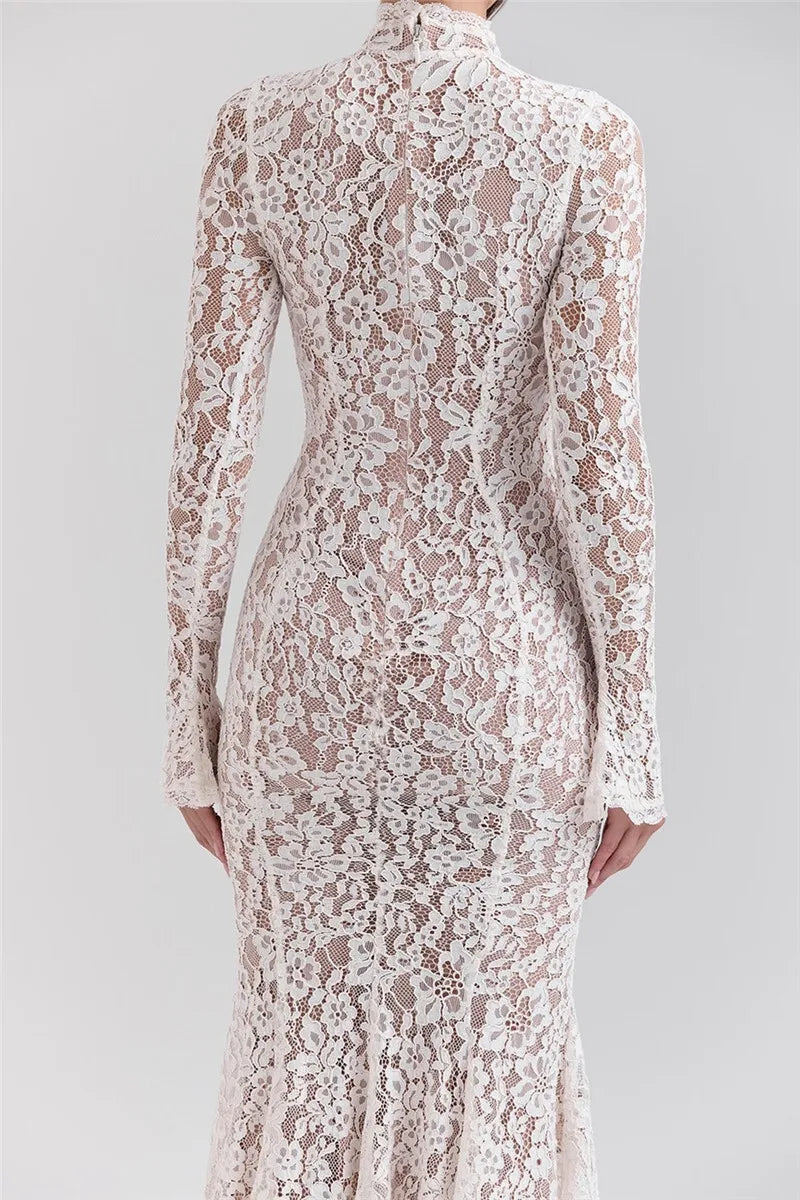Mozision Lace Long Sleeve Sexy Midi Dress For Women Elegant White Half High Collar High Waist Bodycon Club Party Sexy Long Dress - Smarsty