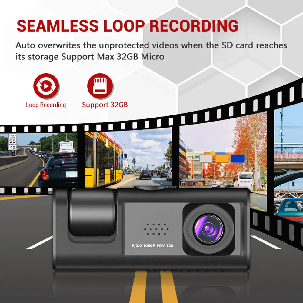 Dash Cam W/ IR Night Vision Loop Recording & 2" IPS Screen 1080P 3 Camera , DVR recorder, video recorder, Vehicle DVR - Smarsty
