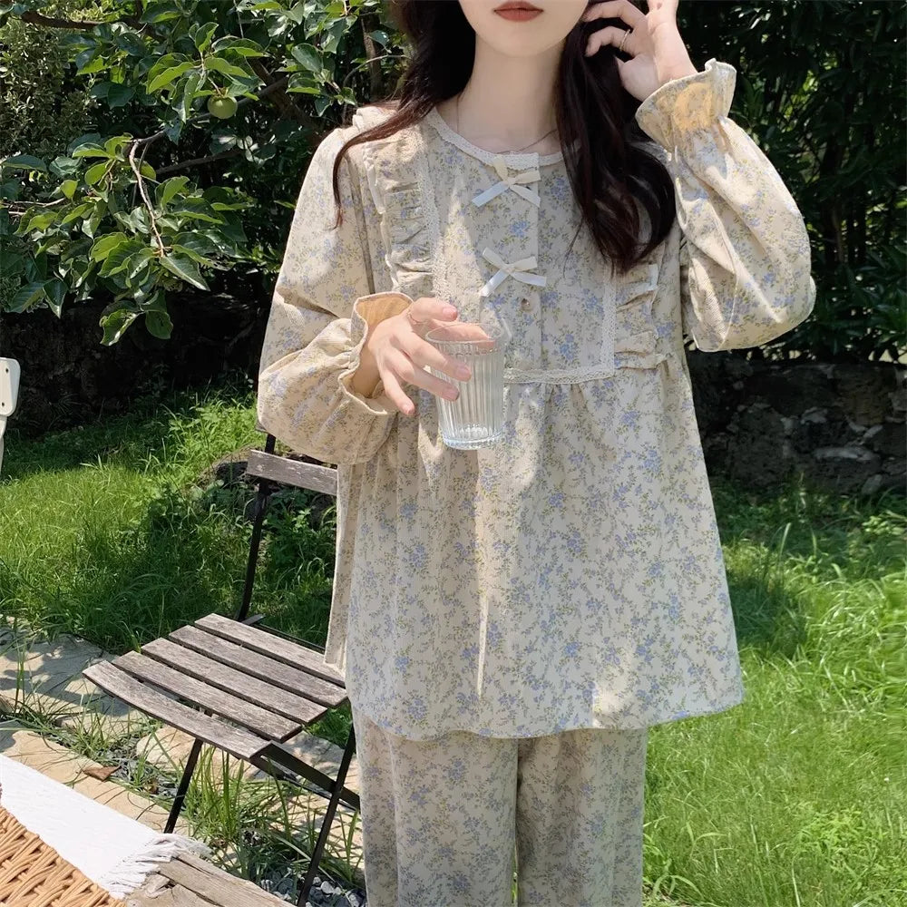 Women Plus Size Pajamas Garden Style Student Homewear Two-Piece Korean Version of the Bow Can Be Worn Outside Long-Sleeved women - Smarsty