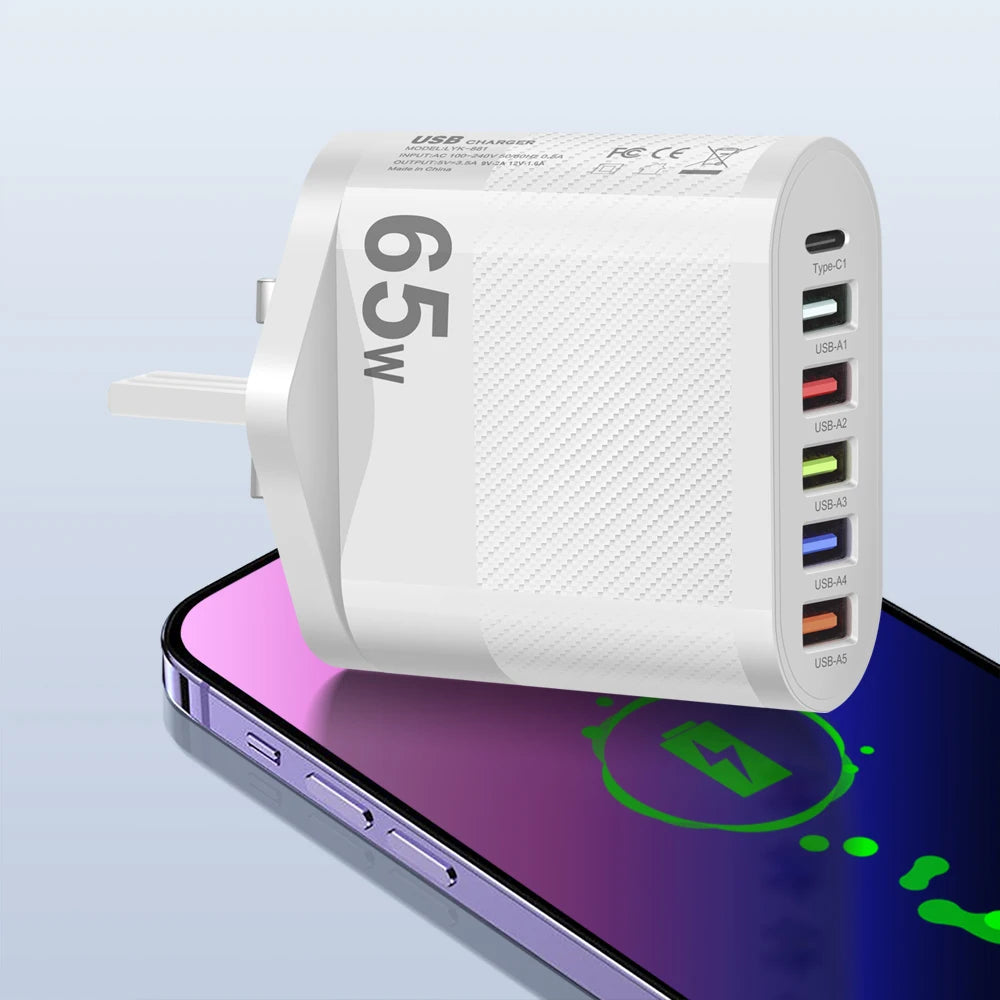 65W USB Charger Includes Six Ports Ultra Fast Type C - Smarsty