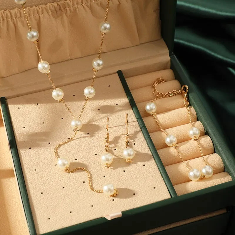 Gold Tone Necklace Earrings Bracelet Set With Tassel Pearls - Smarsty