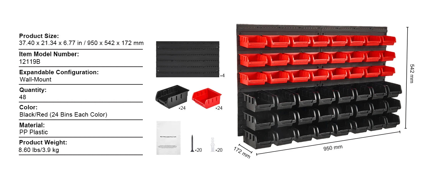 SucceBuy 48pcs Parts Storage Bins Wall Mounted Garage Containers with Wall Panels Tool Organizer for Nuts Bolts Screws Nails
