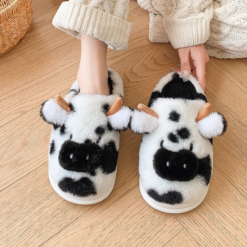 Casual Fluffy Slippers Women House Cute Cartoon Cow Designer Shoes Girl Flat Fashion Elegant Plush Winter Platform Footwear Home - Smarsty