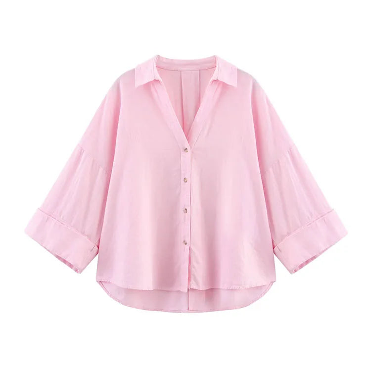 HipSeam Wide Sleeved Shirt Women Spring Asymmetric Hem Button Women's Shirts Simple Lady Johnny Collar Linen Shirts & Blouses - Smarsty