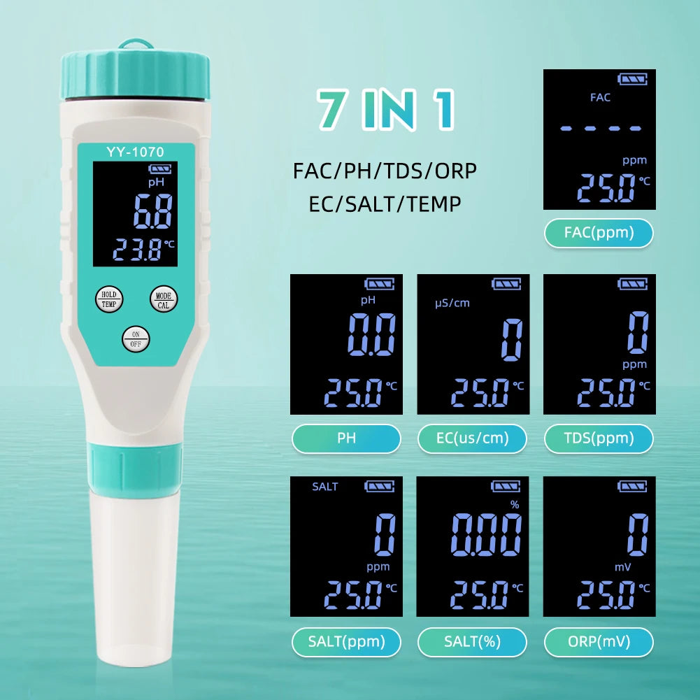 Digital Chlorine PH Tester 7 in 1 Water Quality Analyzer - Smarsty