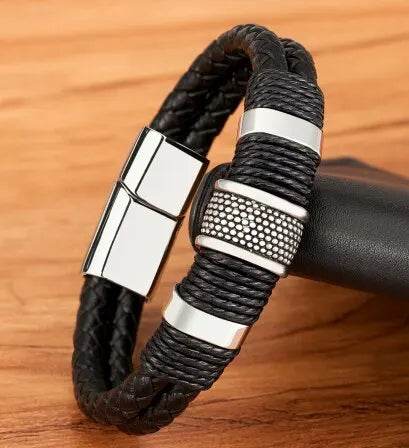 Vintage Woven Leather Wrap Bracelets For Men Durable Stainless Steel Wristbands - Smarsty