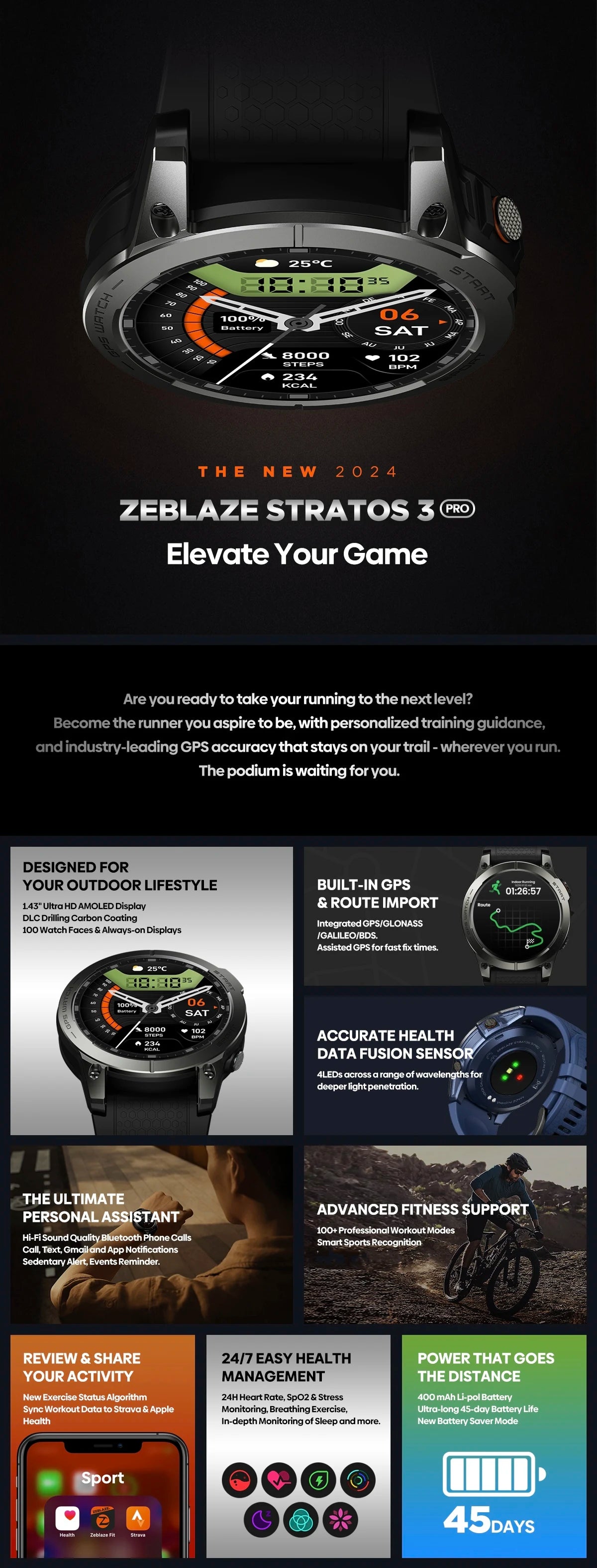 Zeblaze Stratos 3 Pro GPS Smart Watch with AMOLED Display - Smarsty