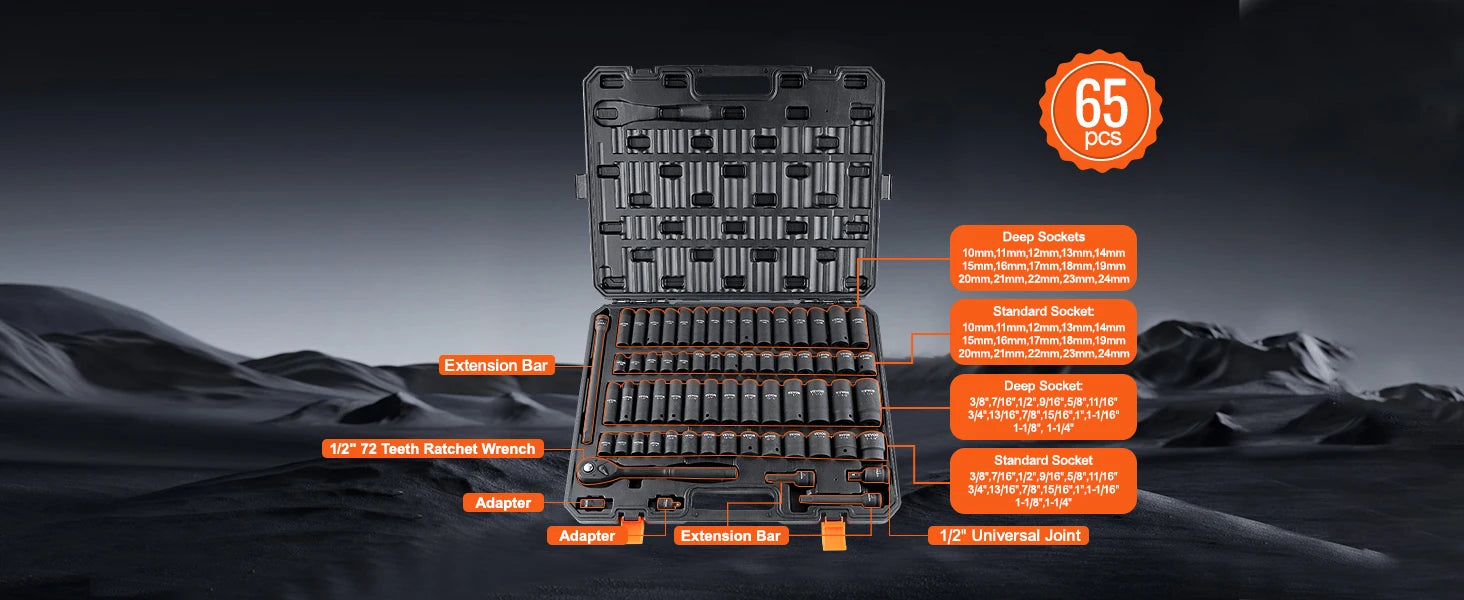 SucceBuy 1/2" Drive Impact Socket Set 6 Point Cr-V Alloy Steel for Auto Repair Easy-to-Read Size Markings Rugged Construction