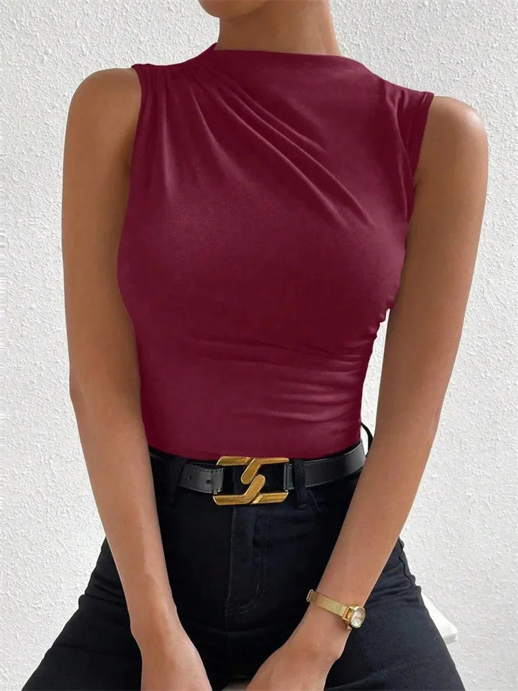 Fashion Casual Mock Neck Ruched Tank Top for Women Summer 2024 Solid Color Pleated Sleeveless Tee Shirt Tshirt Streetwear Y2K - Smarsty