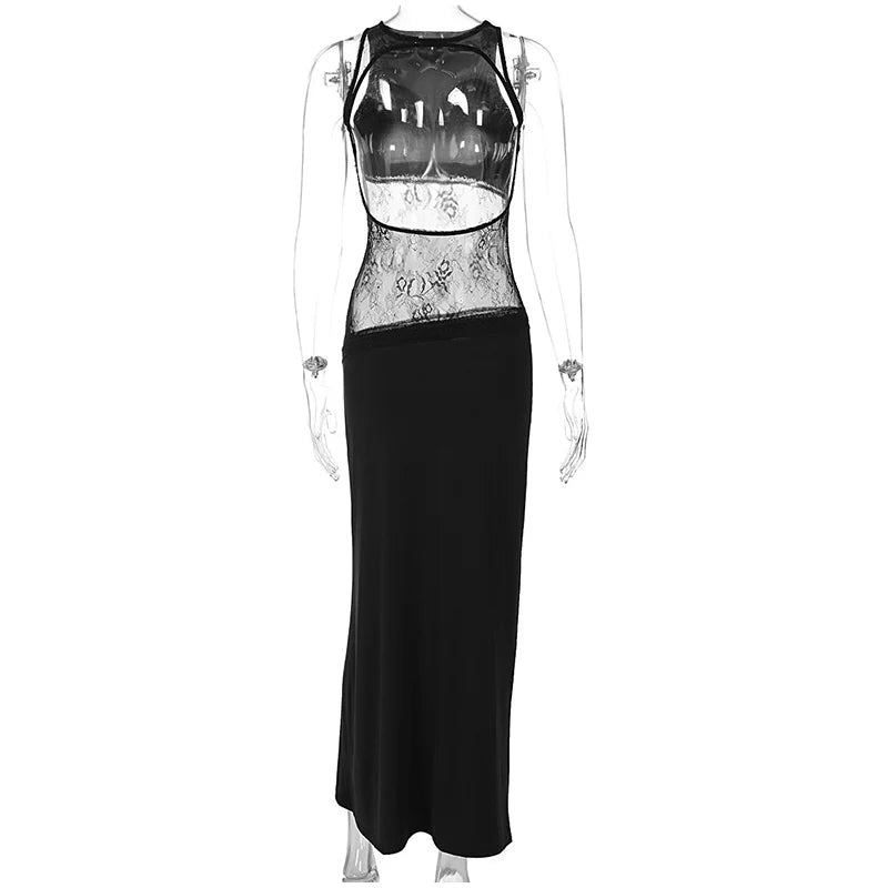 Elegant Lace Halter Dress Women Slim V-neck Backless Evening Long Dresses Woman Sleeveless Vintage Party Robe Lady Spring Summer - Smarsty